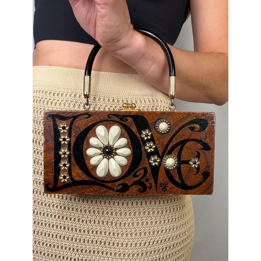 Enid Collins Original Box Bag LOVE Vintage Wood Top Handle Handbag Purse 1960s - Picture 17 of 17